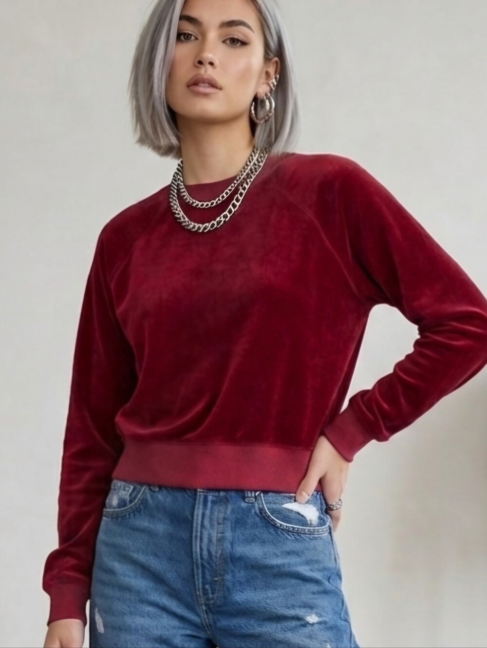 Re/Done Burgundy Velvet Crew Sweatshirt